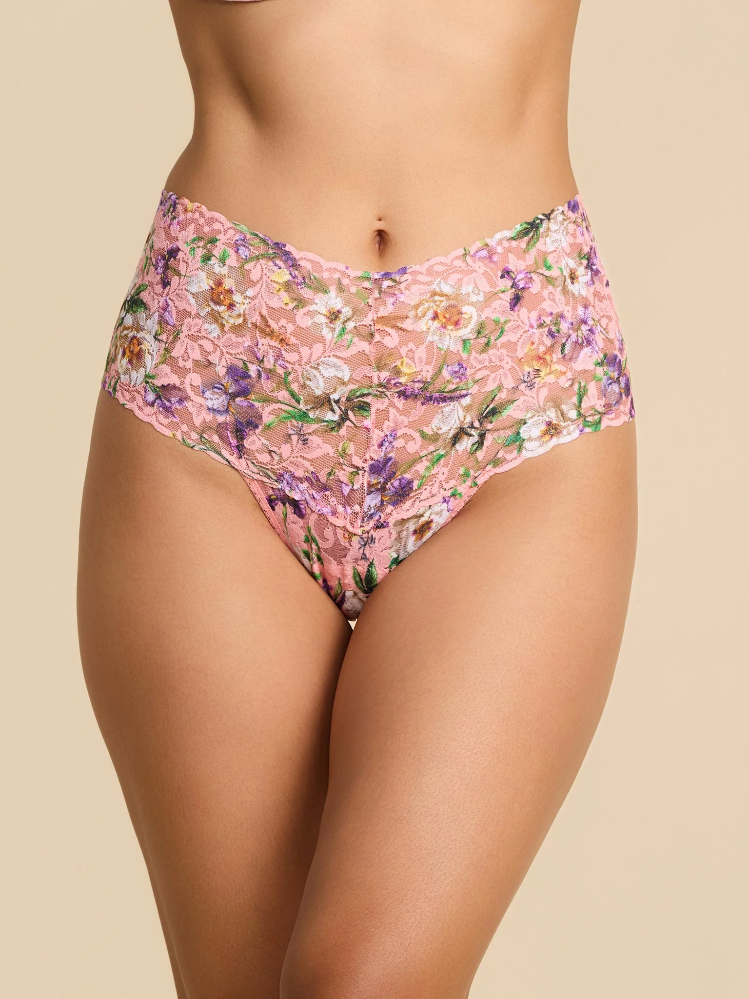 Printed Retro Lace Thong Fawning Flora Coral Pink